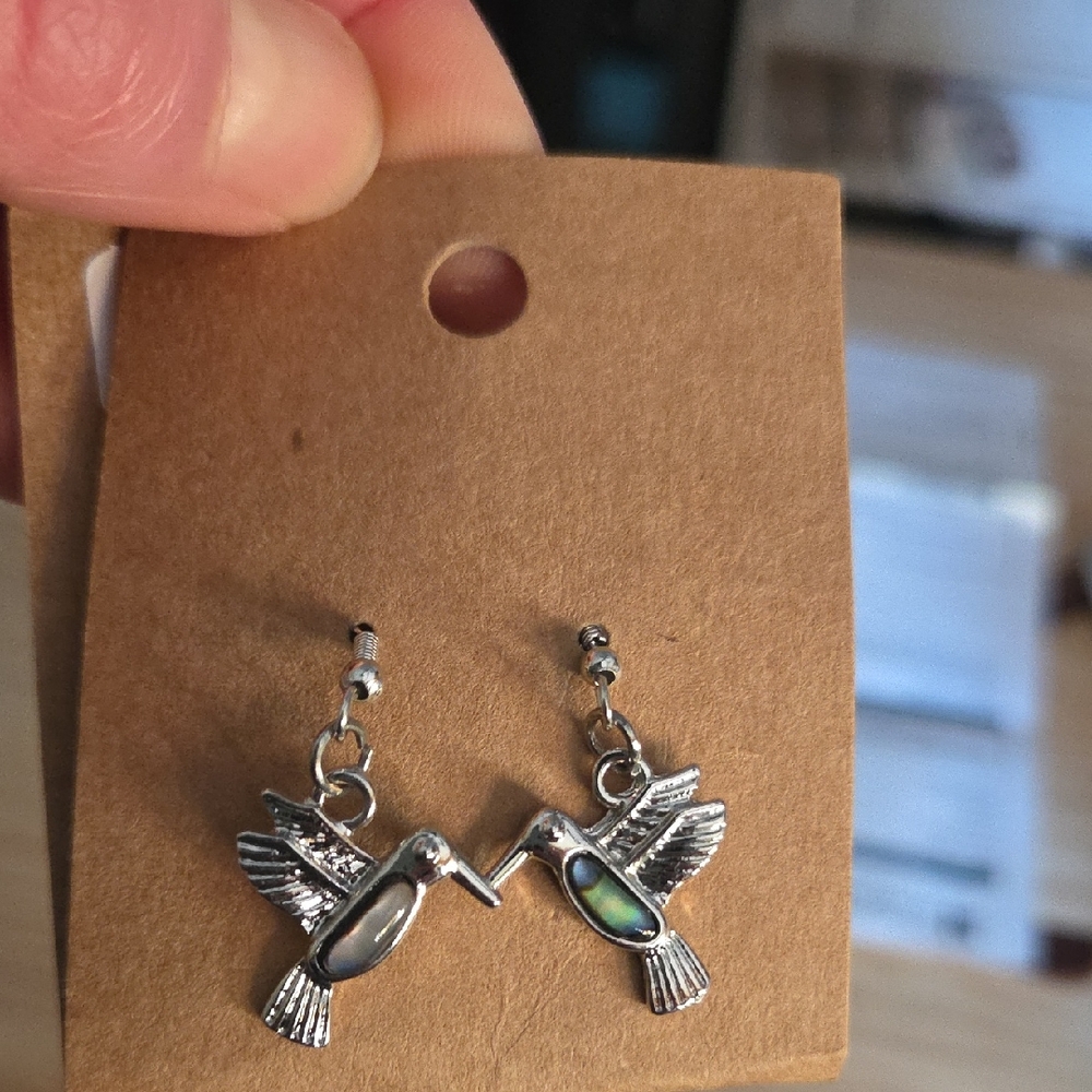Silver Hummingbird Earrings with Abalone Inlay